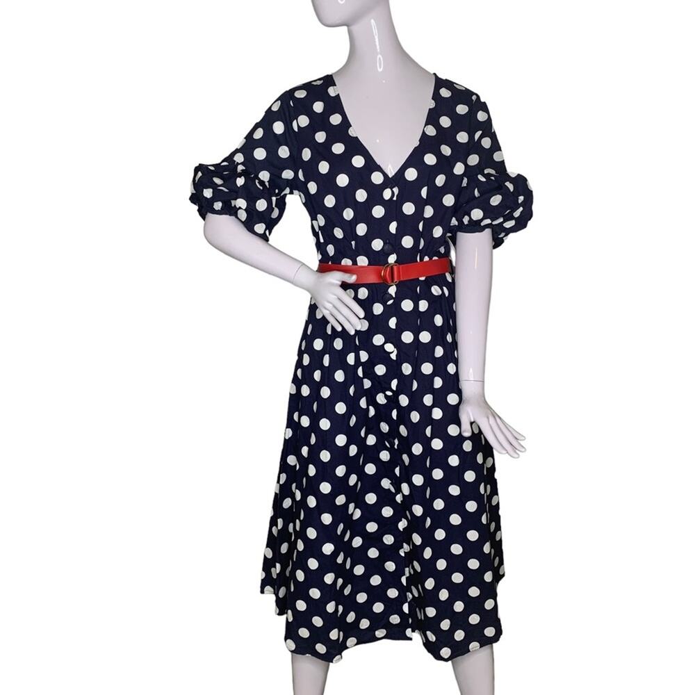 Milk and Honey NWT White Polka Dot Women Dress Button Down  Size M Red Belt